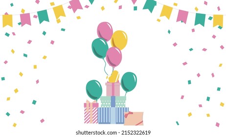 This is a festive background image illustration featuring colorful balloons and presents.