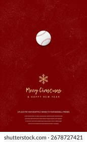 Este cartão de beisebol festivo apresenta um fundo vermelho com um tema de Natal, combinando elementos de férias tradicionais com esportes, perfeito para fãs de beisebol durante as férias. Ilustração vetorial.
