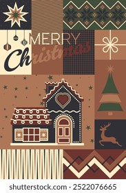 This festive card design features a gingerbread house, star, and Christmas ornaments with a warm, rustic color palette perfect for the holiday season.