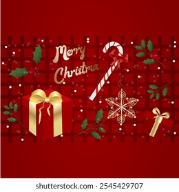 This festive Christmas illustration on a red plaid background features classic holiday elements. In the foreground, there are gift boxes with gold and red ribbons, a candy cane with a bow, and decorat