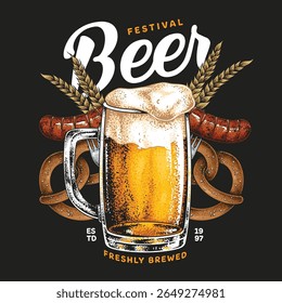 This festive design features a frosty mug of beer surrounded by pretzels and sausages representing lively gatherings and joyful celebrations of brewing traditions.
