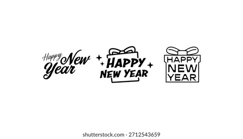 This festive design features three different Happy New Year greetings in a minimalist style