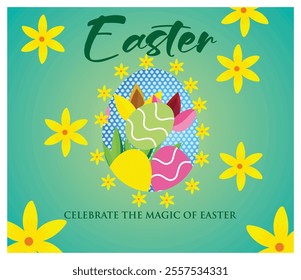 This festive Easter showcases colorful eggs surrounded by yellow flowers on a vibrant background. It captures the joyful spirit and celebration of Easter with artistic charm. 