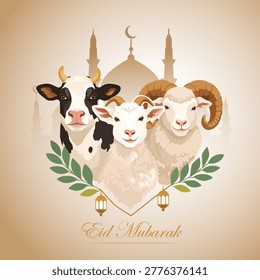 This is a festive Eid ul Adha illustration featuring a cow, sheep, and ram side by side, symbolizing the sacrificial animals. Behind them is an Islamic mosque dome with minarets and a crescent moon, framed by decorative green leaves and lanterns. At the bottom, the text “Eid Mubarak” highlights the celebration.