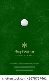This festive golf card features green background with Christmas theme, combining traditional holiday elements with sports, perfect for golf fans during the holidays. Vector illustration.