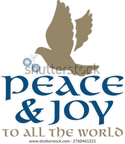 This festive holiday illustration features the uplifting message “PEACE and JOY” prominently displayed in bold and elegant typography, designed to capture the spirit of the season and convey feelings of goodwill, harmony, and celebration. Positioned above the central text is a graceful dove, a universal symbol of peace, purity, and hope, which reinforces the meaningful theme of the graphic. Beneath the main greeting, the phrase “TO ALL THE WORLD” extends the message globally, emphasizing inclusivity, unity, and the universal wish for happiness and serenity during the holiday season.

The combination of thoughtful typography, symbolic imagery, and a clear layout ensures that the design communicates its message effectively while remaining visually appealing. The text is arranged in a balanced composition, with the dove at the top acting as a focal point that draws the viewer’s attention to the central theme of peace. The bottom text provides a grounding element, giving the design structure and ensuring readability across multiple formats and sizes. The minimalistic yet meaningful aesthetic allows this illustration to resonate across different audiences and creative projects.

This versatile artwork is ideal for greeting cards, social media graphics, banners, email headers, posters, invitations, and holiday-themed promotional materials. Its clean design ensures compatibility for both digital and print applications, making it suitable for professional, personal, and commercial use. The use of symbolic imagery such as the dove enhances the emotional impact of the message, while the clear typography ensures the greeting remains the focal point.

The overall theme reflects harmony, goodwill, and festive cheer, capturing the essence of the holiday season in a visually compelling way. The graphic emphasizes universal values such as peace, joy, and unity, making it an ideal choice for creating meaningful seasonal messages that transcend cultural boundaries.