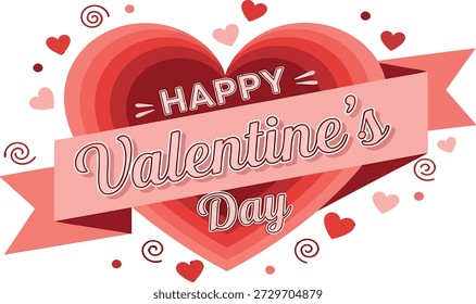 Esta ilustración festiva presenta un Grande corazón rojo con un Anuncio de cinta rosa más claro envuelto a su alrededor. El Anuncio muestra el texto "FELIZ DÍA DEL AMOR DE SAN VALENTÍN" en letras blancas. El diseño, realizado en tonos de rojo y rosa, está decorado con estrellas Pequeñas, corazones y remolinos, creando un tema de celebración para el Día de San Valentín.