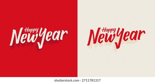 Esta ilustración festiva presenta un moderno diseño de tipografía de Feliz Año Nuevo con letras a mano perfecto para felicitaciones navideñas. Ideal para publicaciones estacionales en redes sociales y tarjetas de felicitación.