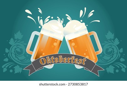 Esta ilustración festiva presenta dos tazas de cerveza espumosas tintineando junto con un Anuncio que dice "Oktoberfest". Diseñada para capturar el espíritu animado del tradicional festival cervecero alemán, la Imagen simboliza la celebración, la amistad y la cultura bávara, lo que la hace ideal para promociones de eventos, carteles, volantes y diseños de temporada.