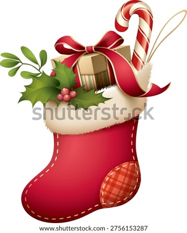 This festive illustration showcases a beautifully designed Christmas stocking, a classic seasonal decoration widely used to enhance holiday interiors and celebrations. The stocking is traditionally styled in rich red with a soft white cuff, creating a warm and recognizable look that reflects timeless festive charm. Decorative elements such as holly leaves, candy canes, and small wrapped gifts are thoughtfully incorporated, adding color, texture, and visual interest to the overall design.

The illustration captures the essence of cozy winter traditions, often associated with decorating fireplaces, walls, and Christmas trees. The detailed design highlights the softness of fabric materials, whether inspired by felt, knitted textures, or smooth cloth surfaces. The white cuff provides a perfect contrast to the vibrant red body, while the added decorative accents bring a lively and cheerful appearance suitable for seasonal themes.

This artwork is ideal for a variety of creative applications including greeting cards, holiday invitations, festive banners, and digital graphics. Its traditional and decorative style makes it suitable for both children themed projects and more elegant seasonal branding. The composition is balanced and visually appealing, allowing it to be used as a standalone element or combined with other holiday graphics.

Perfect for print and digital use, this illustration works well in posters, packaging designs, stickers, apparel prints, and scrapbooking materials. It can also be used in promotional content for winter sales, seasonal campaigns, and decorative product designs. The versatility of the artwork ensures it fits seamlessly into different creative layouts and visual styles.

This high quality illustration is suitable for personal as well as commercial use, offering flexibility for designers, illustrators, and marketers. It represents the tradition of filling stockings with small gifts and treats, often known as stocking stuffers, adding a sense of excitement and nostalgia.