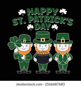 This festive image celebrates St. Patrick's Day with a cheerful design featuring three cartoon-style leprechauns dressed in green suits, hats with buckles, and orange beards. 