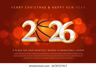 Esta imagem festiva combina um tema de basquete com uma alegre celebração de Natal e Ano Novo, com o ano de 2026 destacado artisticamente. Ilustração vetorial.