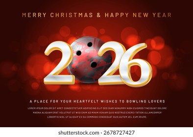 Esta Imagen festiva combina una temática de bolos con una alegre Navidad y la celebración del Año Nuevo, con el año 2026 destacado artísticamente. Ilustración vectorial.