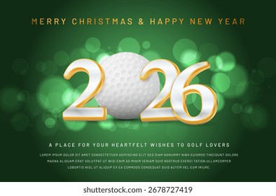 Esta Imagen festiva combina una temática de golf con una alegre Navidad y celebración del Año Nuevo, con el año 2026 destacado artísticamente. Ilustración vectorial.