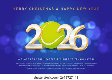 Esta Imagen festiva combina una temática de tenis con una alegre Navidad y la celebración del Año Nuevo, con el año 2026 destacado artísticamente. Ilustración vectorial.