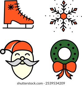 This festive image features four holiday-themed icons: an orange ice skate, a snowflake, a jolly Santa, and a green wreath adorned with a red bow. Perfect for winter celebrations!