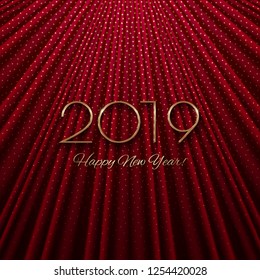 This is a festive New Year design with a golden 
inscription 2019 on a textile effect background. Vector 
illustration.