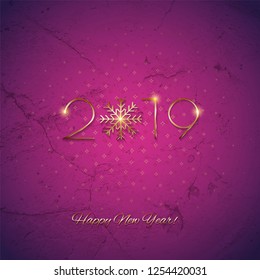 This is a festive New Year design with a golden 
inscription 2019 on a textured background. Vector 
illustration.