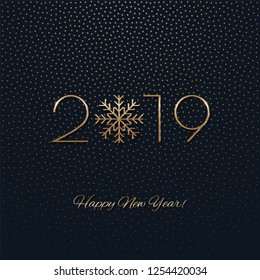 This is a festive New Year design with a golden 
inscription 2019 on a dark background. Vector 
illustration.