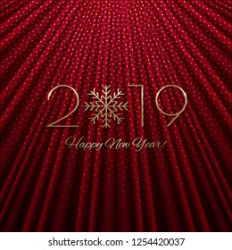 This is a festive New Year design with a golden 
inscription 2019 on a textile effect background. Vector 
illustration.