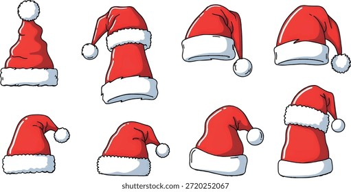 Este conjunto de vetor de chapéu de Papai Noel festivo inclui bonitos chapéus de Natal vermelhos desenhados à mão em diferentes formas e estilos. Perfeito para projetos temáticos de férias e inverno, como cartões de saudação, posts de mídias sociais, convites, etiquetas de presente, adesivos, cartazes, banners e marca sazonal. O estilo de desenho animado doodle adiciona uma sensação divertida e alegre aos projetos de Natal. Ilustração vetorial de alta qualidade, totalmente escalável e fácil de editar, adequado para projetos de impressão e feriados digitais.