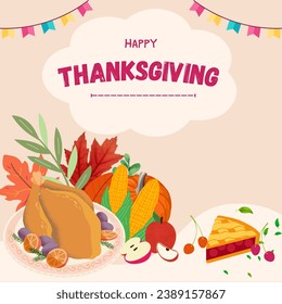 Esta cédula festiva de Acción de Gracias presenta una colorida ilustración a mano de un pavo, verduras, frutas y un pastel. El pavo es la pieza central tradicional de una fiesta de Acción de Gracias, y el pastel