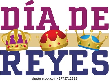 This festive vector illustration celebrates “Día de Reyes,” a traditional Hispanic holiday that commemorates the visit of the Three Wise Men to the baby Jesus. The scene represents the Epiphany, a significant cultural and religious event observed on January 6th, marking the arrival of Melchor, Gaspar, and Baltasar. The design focuses on symbolic crowns that represent each of the Three Kings, highlighting the importance of gift-giving and celebration during this cherished occasion.

The illustration uses a clean and modern vector style, making it suitable for a wide range of creative and educational applications. The crowns are designed with decorative detailing that reflects royal elegance and tradition, reinforcing the historical and cultural significance of the holiday. The composition is balanced and visually appealing, ensuring clarity and strong visual impact across both digital and print formats.

This artwork is ideal for greeting cards, cultural event posters, educational materials, social media posts, and seasonal promotional designs. It effectively communicates themes of faith, tradition, and celebration while honoring an important moment in Hispanic heritage. The simple yet expressive design allows for easy adaptation into various layouts, making it a versatile choice for designers and content creators.

The illustration captures the spirit of generosity and joy associated with the Three Kings tradition, where children often receive gifts in remembrance of the biblical story. Its symbolic approach ensures that the message is clear and meaningful, making it suitable for both religious and cultural contexts.

Perfect for Epiphany-themed projects and winter holiday campaigns, this vector design blends tradition, symbolism, and modern graphic style. It provides a strong visual representation of “Día de Reyes,” making it an effective and engaging asset for creative storytelling and seasonal communication.