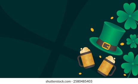 This festive vector illustration features a green leprechaun hat, frothy beer mugs, and lucky shamrocks, all set against a dark green background. Perfect for celebrating Saint Patrick's Day