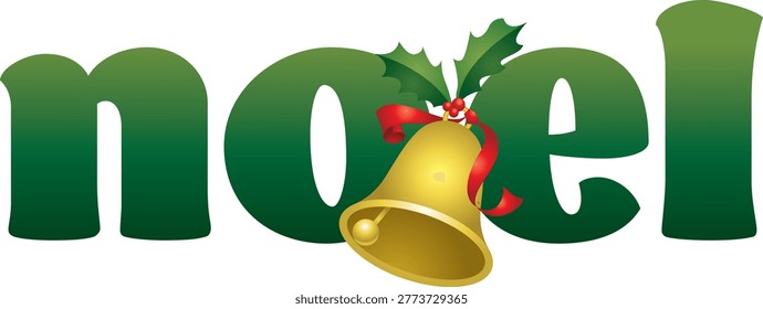 This festive vector illustration features decorative typography spelling the word “noel,” a term widely associated with Christmas celebrations. The design uses shades of green for the lettering, creating a natural and seasonal color palette that reflects traditional holiday aesthetics. The letter “o” is creatively enhanced with a hanging golden bell, adding a central focal point that emphasizes celebration and festive charm.

The golden bell is adorned with green holly leaves and red berries, classic symbols of the holiday season that represent joy, tradition, and winter festivities. These decorative elements bring balance and richness to the composition, enhancing the overall visual appeal while maintaining a clean and modern vector style. The combination of typography and festive ornamentation creates a harmonious design suitable for a wide range of creative applications.

This illustration is ideal for Christmas greeting cards, seasonal posters, holiday invitations, social media content, banners, and digital marketing materials. Its clean vector format ensures high scalability and sharp quality across both print and digital platforms. The bold yet elegant typography ensures strong readability while maintaining a decorative and festive appearance.

The design captures the essence of Christmas through simple yet meaningful visual elements. The green lettering symbolizes freshness and tradition, while the golden bell adds a sense of celebration and warmth. The holly leaves and berries reinforce the seasonal theme, making the artwork instantly recognizable and emotionally engaging.

Perfect for festival branding, holiday campaigns, and creative seasonal projects, this vector illustration offers a versatile and visually appealing solution. It blends classic Christmas symbolism with modern design techniques, making it suitable for both personal and commercial use. The composition delivers a strong festival message while maintaining elegance, clarity, and timeless occasional charm.