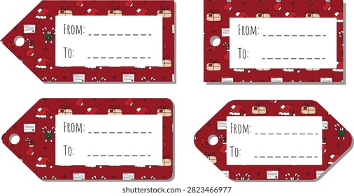 This festive vector set features four unique blank Christmas gift tag templates designed with geometric corner cuts and convenient punch-hole markings. Each label showcases a cozy dark red background patterned with hand-drawn winter holiday elements, including Santa hats, wrapped present boxes, candy canes, bows, and Christmas stockings. The central white text boxes provide dedicated 