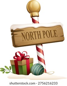 This festive vector-style illustration represents a decorative North Pole themed holiday figurine designed to capture the charm and magic of winter celebrations. The composition features a wooden signpost labeled “North Pole,” mounted on a striped pole inspired by classic candy cane patterns. The red and white stripes create a playful and instantly recognizable seasonal element, adding a cheerful touch to the overall design. The sign itself appears crafted from wood, giving the illustration a rustic and traditional feel associated with holiday decorations.

At the base of the pole, decorative elements such as wrapped gifts and small ornaments enhance the festive theme. These gift boxes symbolize generosity, celebration, and the excitement of seasonal traditions, while the ornaments contribute additional visual interest and decorative detail. The arrangement of these elements creates a balanced composition that feels both lively and welcoming, making it suitable for a variety of seasonal design purposes.

With an approximate height representation of 31 centimeters, this figurine concept reflects a common decorative item used in homes, offices, and retail displays during winter festivities. The design evokes imagery associated with the North Pole, often linked with holiday stories, winter wonderlands, and joyful seasonal narratives. The playful structure and colorful accents make the illustration appealing for both children and adults, reinforcing a sense of nostalgia and celebration.

The clean vector style ensures smooth lines, clear shapes, and excellent scalability, allowing the artwork to be used across multiple creative applications without loss of quality. Designers can incorporate this illustration into greeting cards, holiday invitations, posters, banners, social media graphics, website decorations, and festive promotional materials. The layout also provides flexibility for adding text, branding elements, or additional ornamental accents.