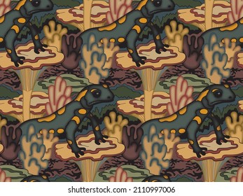 This is fiery salamander in a fantastic thicket of mushrooms. Seamless vector pattern