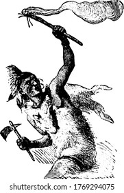 This figure depicts and Indian man holding an axe and a bright flame of fire in his hands in the air while moving on the warpath, vintage line drawing or engraving illustration. 