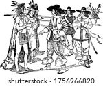 This figure depicts Indians dressed in local clothes talking with the European settlers, vintage line drawing or engraving illustration. 