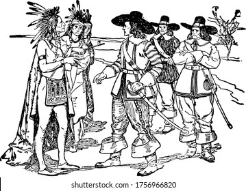 This figure depicts Indians dressed in local clothes talking with the European settlers, vintage line drawing or engraving illustration. 