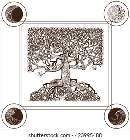 This Figure Is Drawn Doodle Style Tree Of The World And The Four Elements - The Moon, The Sun, Water And Air. This Picture Can Decorate Your Interior, Album Art Or Used As An Element Of Decoration.