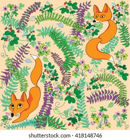 In this figure, funny fox in the summer forest. This bright picture will adorn summer clothes or bag, will look great on a backpack or a pillow.