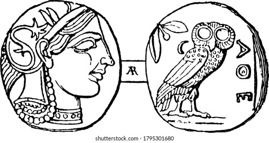 This figure shows Archaic Coin of Athens. Reverse with owl on it and obverse with Athena sculpture, vintage line drawing or engraving illustration.