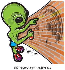 This file represents an alien that is drawing a crop circle in a wall. Everything is grouped and divided in layers. Gradient and transparency used.
