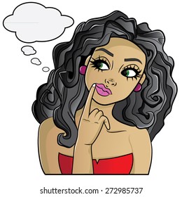 This file represents a beautiful woman with curly hair that is thinking something. There is a empty balloon that could be left as it is or filled with your personal content. Everything is grouped.