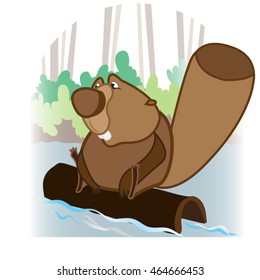 This file represents a beaver floating on a trunk. In the background there is water, bushes, and trees.