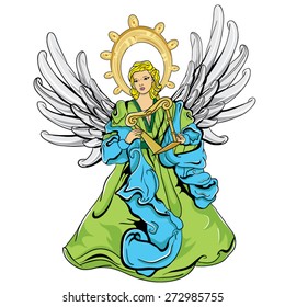 This file represents a green and blue angel with light grey wings, that is playing an harp. Everything is divided into groups and layers. No gradient used, transparency used.