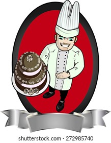 This file represents a pastry chef holding a chocolate cake with decorations and some rose. Everything is divided into layers and grouped. Gradient and transparency used.