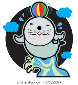 This file represents a phoca playing with a ball, with black background