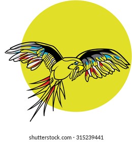 This file represents a transparent parrot with some color (red blue and yellow) on the feathers that is flying in front of the sun or in front of a yellow background. Everything is grouped and layered