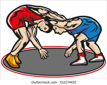 This file represents two muscular young fighters in an encounter with a tracksuit red and another one blue. Everything is grouped and divided into layer. The carpet is in a different layer.