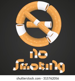 This file represents a writing "No Smoking" with the prohibition sign made by a consequence of cigarettes on a gradient black and gray background. Everything is grouped and divided into layers.