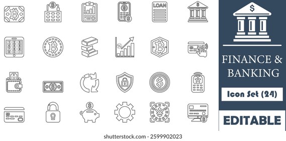 This finance and banking icon set features 24 vector-based icons in blue, red, and white. Ideal for websites, apps, and print, ensuring sharp quality at any size.