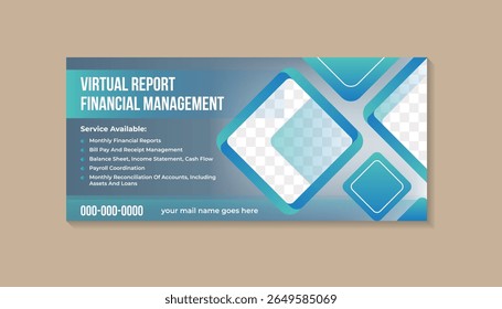 This finance banner design with space for photo is perfect for your business and innovative web banner ad. blue gradient background on horizontal layout. example of headline is virtual report finacial