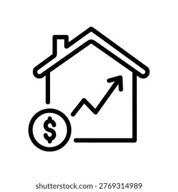 This financial icon visually represents the increase in real estate value, featuring a house with a dollar sign and an upward-pointing trend arrow. It's an excellent visual for concepts related to property investment, market growth, and economic prosperity. Suitable for financial reports, real estate listings, and economic forecasts.